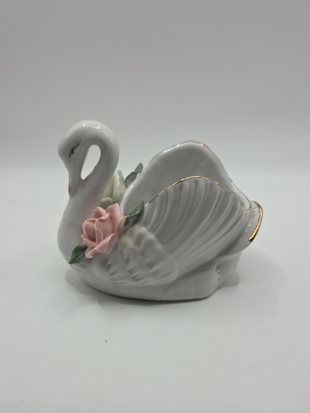 White Ceramic Swan Planter with Pink Rose And Gold Accent Vintage